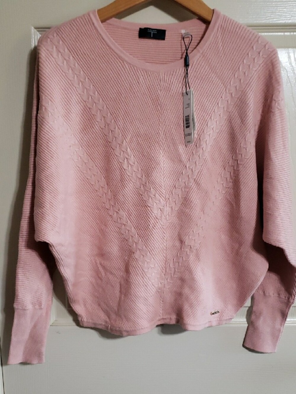 Tahari Blush Pink Cable-Detail Crewneck Sweater